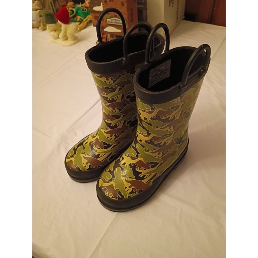 GUC London Fog Boys Rain Boots Sz 8 Multicolor Dinosaur Print Waterproof pull on